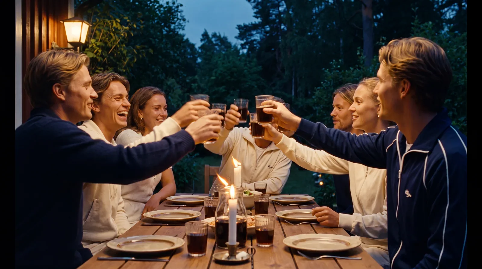 A long table shared at the end of a Nordic day, glasses raised by candlelight