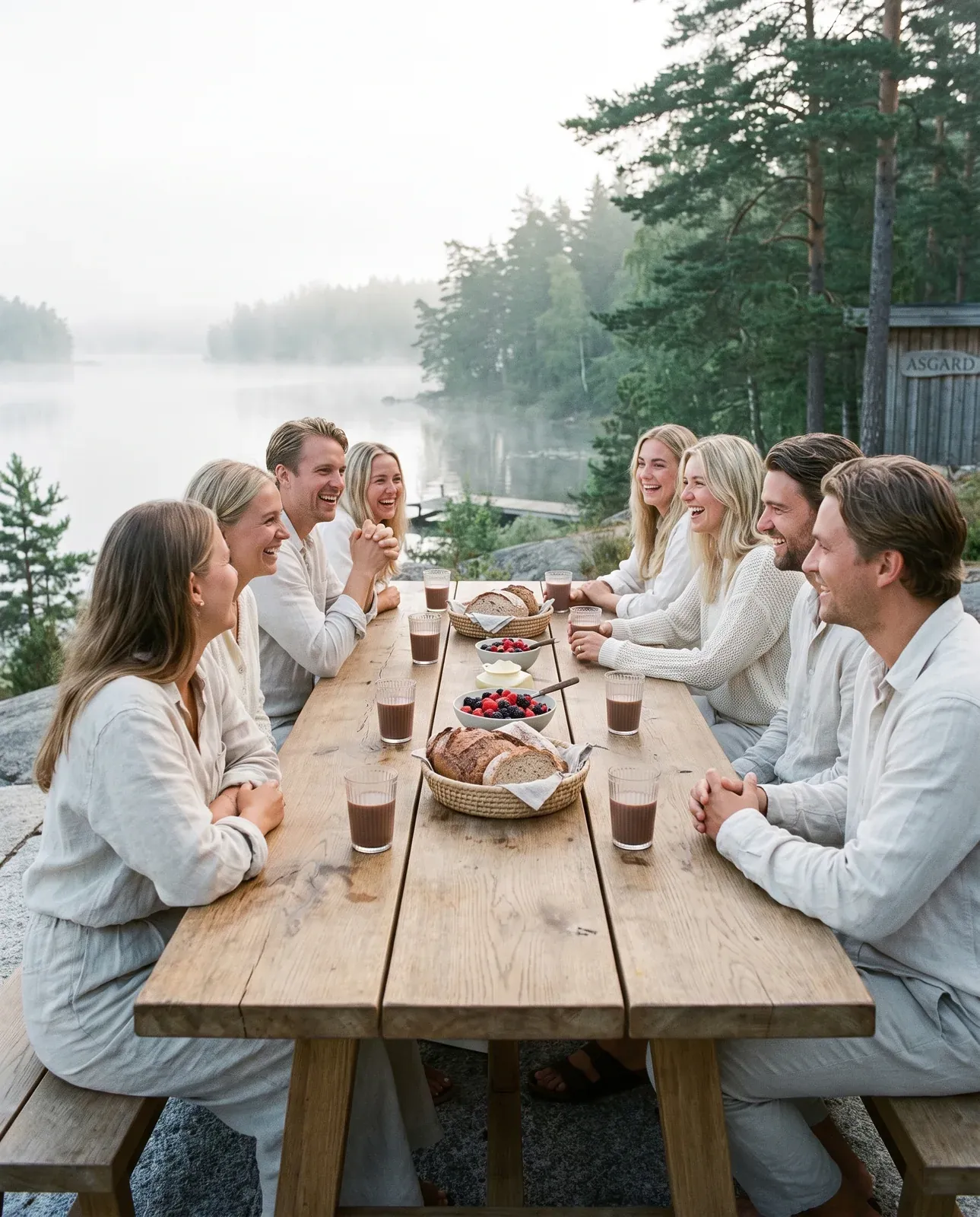 Guests dressed in white sharing cacao at a long wooden table by a lake, a premium members-club gathering