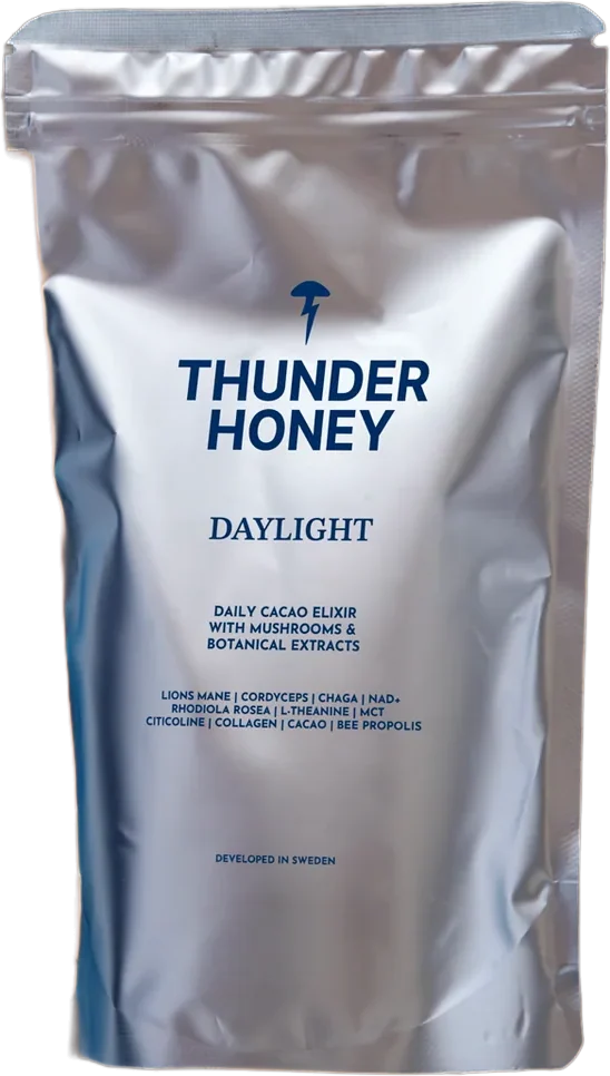 The Thunder Honey Daylight pouch, its front label listing all eleven actives and Developed in Sweden