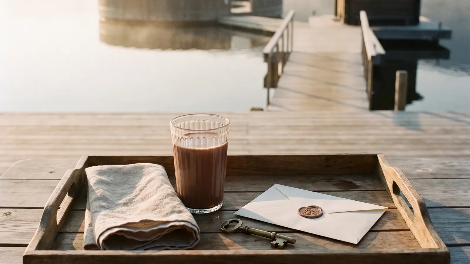 A wooden tray on the Eira dock at first light, a cup of cacao, a folded linen cloth and a sealed envelope