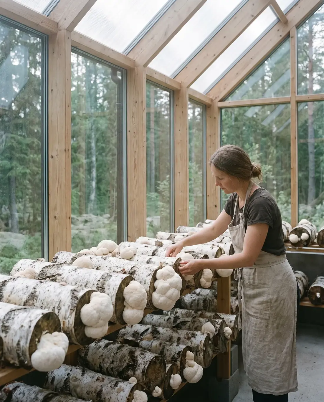 Lion's Mane growing on birch logs in a glass growhouse, tended by hand