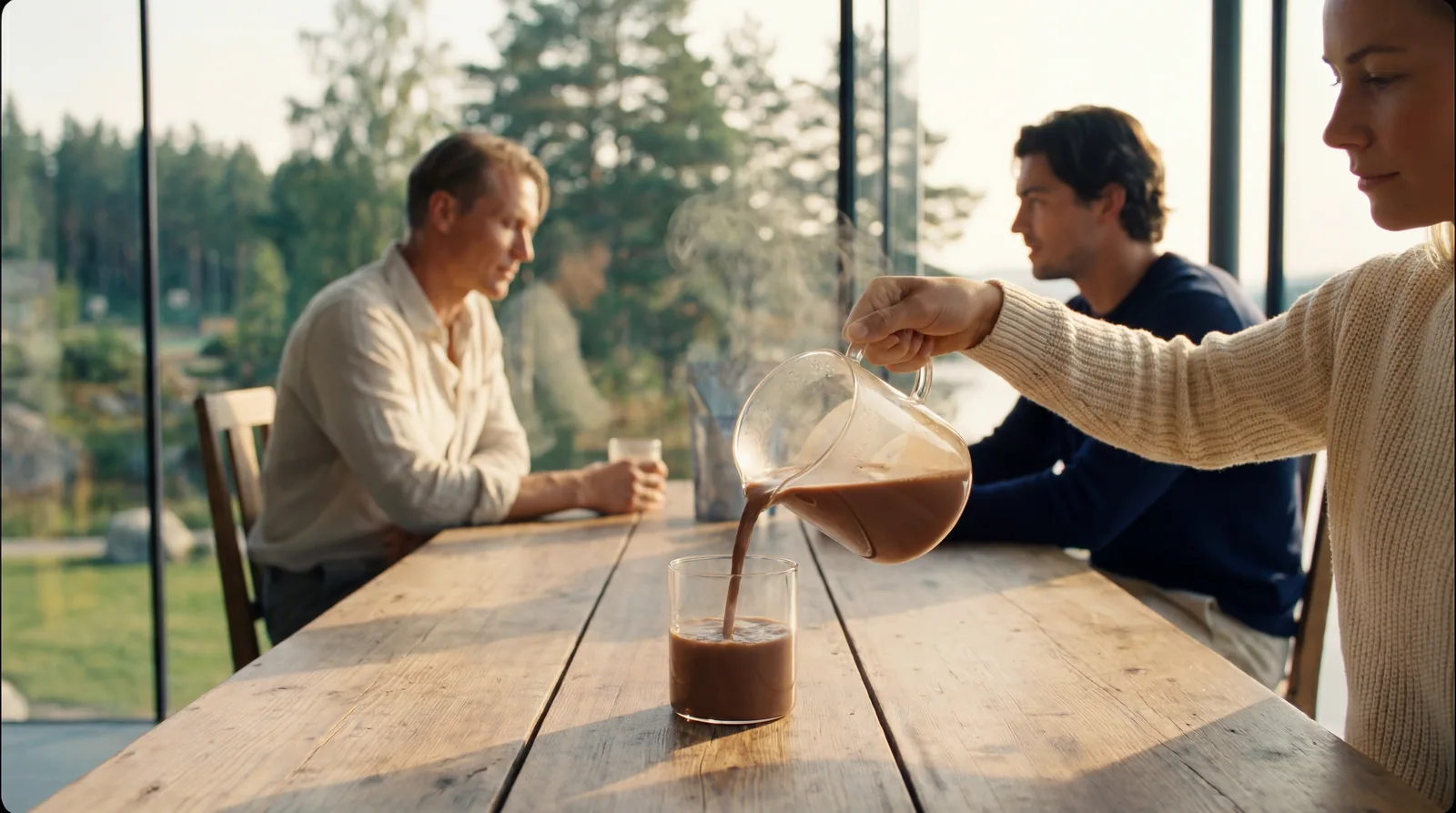 Warm cacao poured from a glass jug at a long wooden table by the window