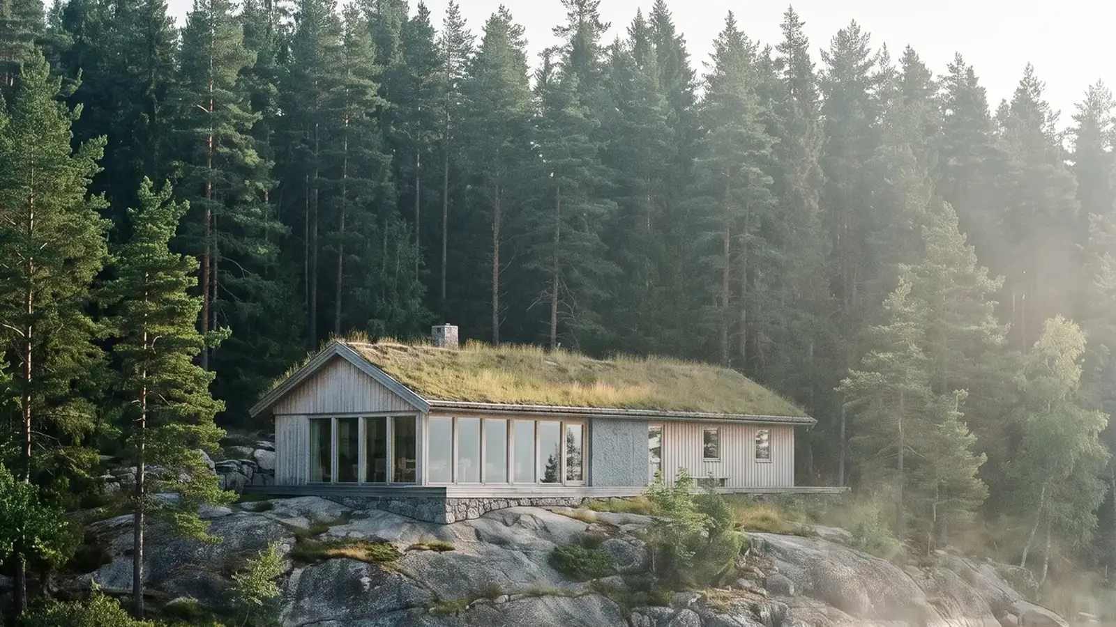 The Eira house among tall pines on the rocks above the water, morning mist rising