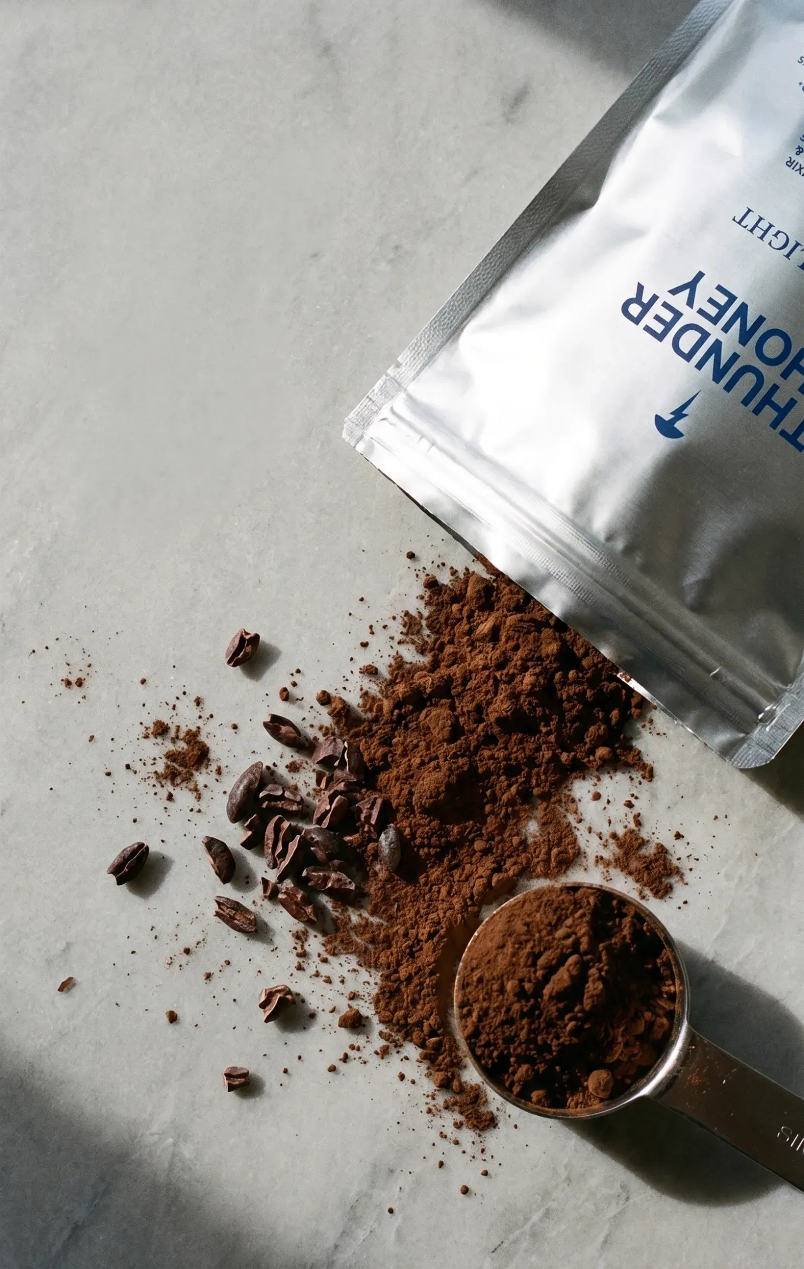 Macro close-up of rich cacao, the Nordic base of Thunder Honey Daylight