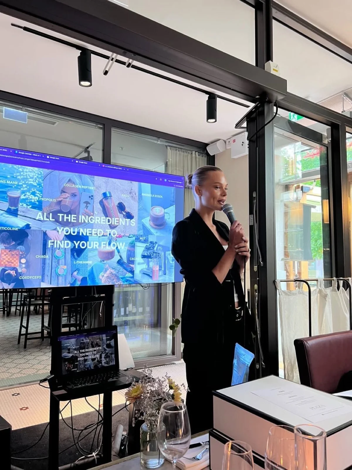 A Thunder Honey presentation, the speaker in front of a slide about the ingredients