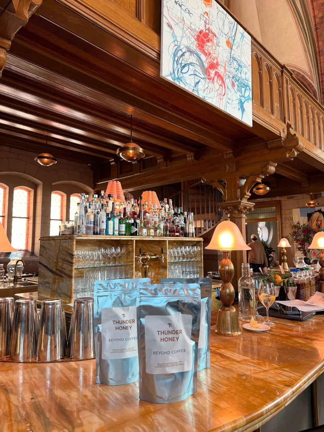 Thunder Honey pouches on the bar at Soho House