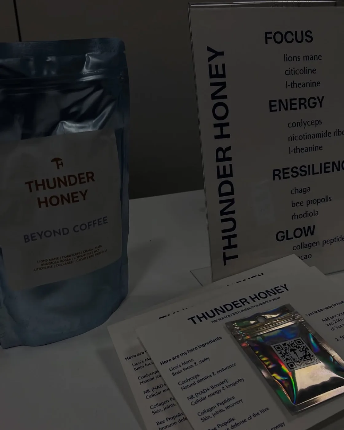 Thunder Honey pouch with its ingredient cards at an event